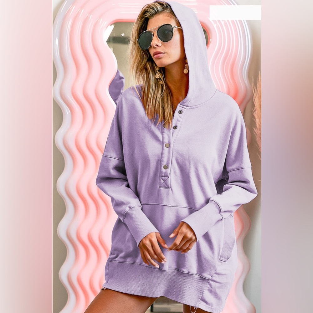 NEW BiBi Purple Half Snap Henley Neck Oversized Hoodie Hooded Sweatshirt - Picture 2 of 3